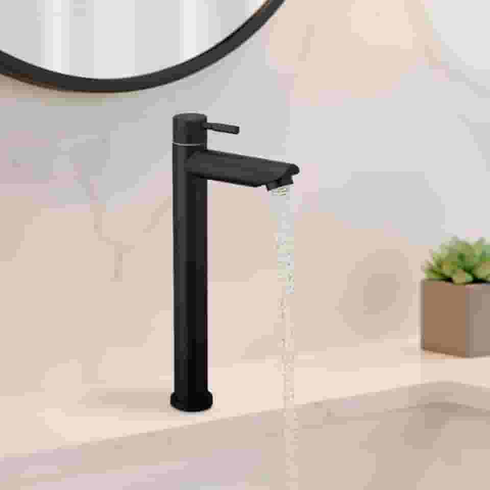 Torneira Para Banheiro De Mesa Bica Alta 1/4 De Volta Aço Inox 304 Elegance Beltempo (Preta Fosca)