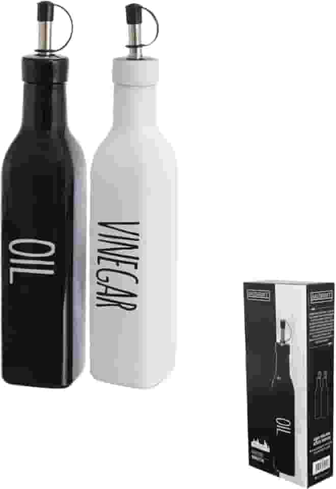 Conjunto de Galheteiros em Vidro 290ml – Linha Manhattan – Branco e Preto – Kit 2 Peças para Azeite e Vinagre com Bico Dosador