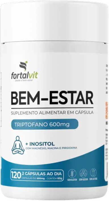 BEM-ESTAR - L-Triptofano 600mg + Inositol, Magnésio e Vitaminas B3 e B6, Longa Duração: 2 Meses de Uso,120 Cápsulas, Fortalvit