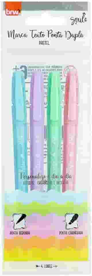 Caneta Marca Texto Pastel Ponta Dupla Blister com 4 Unidades, BRW