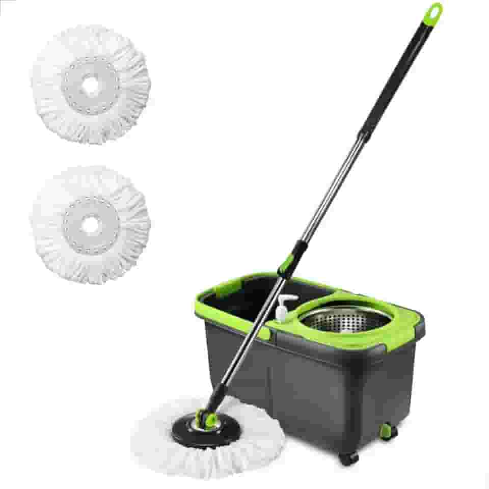 Mop Giratório Esfregão Limpeza Geral Cesto Inox Balde 16 Litros Cabo Grande de 1,52 Metros - MOP com rodinhas giratorias, alça para transporte e dispenser de sabão. Mop ultra resistente - Flytex