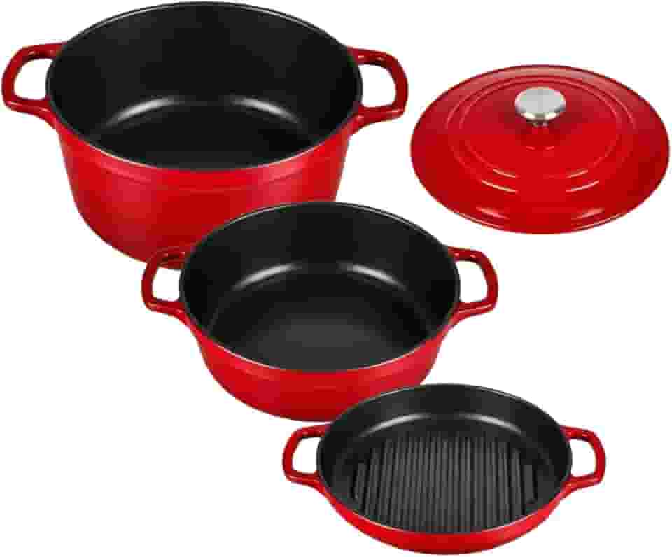 Panelas de Ferro Fundido com Tampa – Conjunto 3 Peças para Cozinha Profissional e Doméstica (Vermelho)