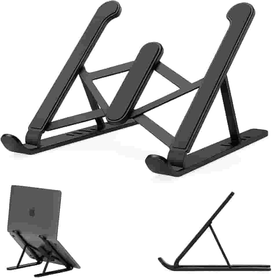 Suporte para notebook, ajustável com estrutura em ABS resistente. Dobrável, ergonômico, 6 posições e saída de ar