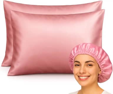 Kit Fronha de Cetim e Touca Antifrizz, Rosa, 2 Peças, 50 x 70 cm FEC (Rosa Claro)
