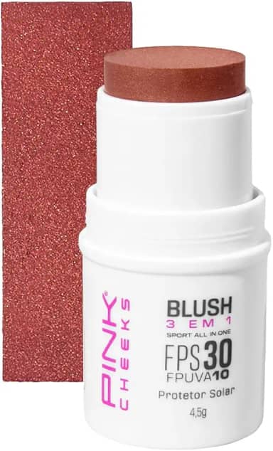 Blush em Bastão 3 em 1 Pink Cheeks 4,5g - Resistente Água Esporte Beleza Solar Maquiagem Sombra Radicais Livres Textura Pele, Pink Cheeks (Bronze Carioca)