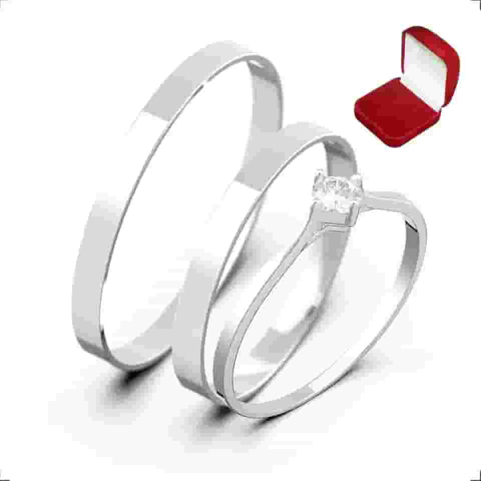 Alianças Italianas Par Aço Inox Prata Namoro Compromisso com Caixa de Veludo e Anel Solitário Bella Bijoux Deluxe