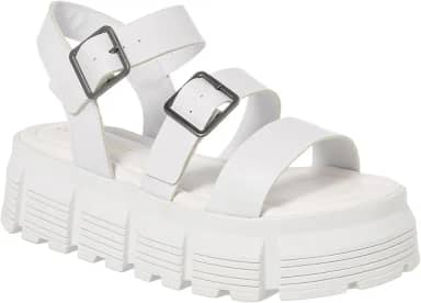 Sandália Feminina Plataforma Tratorada, Tiras com Fivelas, Disponível em Preto Branco e Nude