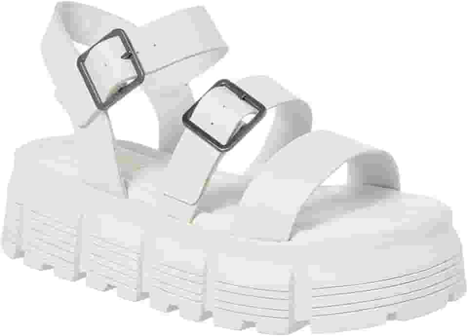 Sandália Feminina Plataforma Tratorada, Tiras com Fivelas, Disponível em Preto Branco e Nude