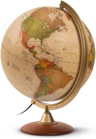 Tecnodidattica - Globo Terrestre Colombo Creation 30cm Iluminado com Base de Madeira | Politico Estilo Antigo | Em Português do Brasil