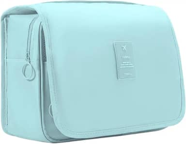 Necéssaire Dobrável com Gancho Organizador Para Viagem Unissex Impermeável com Divisórias Ideal para Higiene Pessoal, Cosméticos, Maquiagem e Banheiro (Azul Celeste)