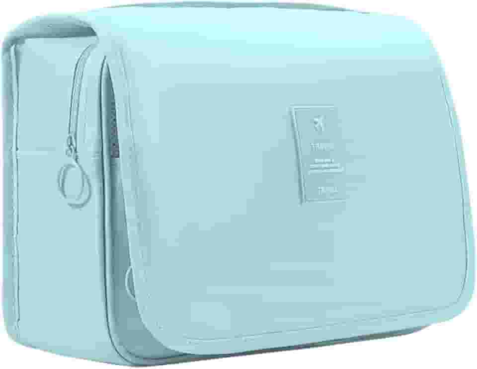 Necéssaire Dobrável com Gancho Organizador Para Viagem Unissex Impermeável com Divisórias Ideal para Higiene Pessoal, Cosméticos, Maquiagem e Banheiro (Azul Celeste)