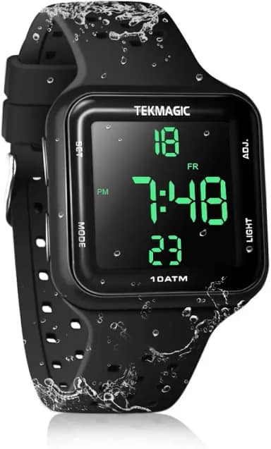 CHISHUNG Relógio masculino para natação e mergulho, 10 ATM, impermeável, 100 m, relógio esportivo digital subaquático com cronógrafo, cronômetro, fuso horário duplo, formato 12/24 horas, W23-CUS-BK,