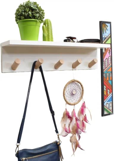 Cabideiro de Parede com Prateleira - Gancho Super Resistente - 50x10x11,5cm MDF Branco Pendurador Redondo Inclinado