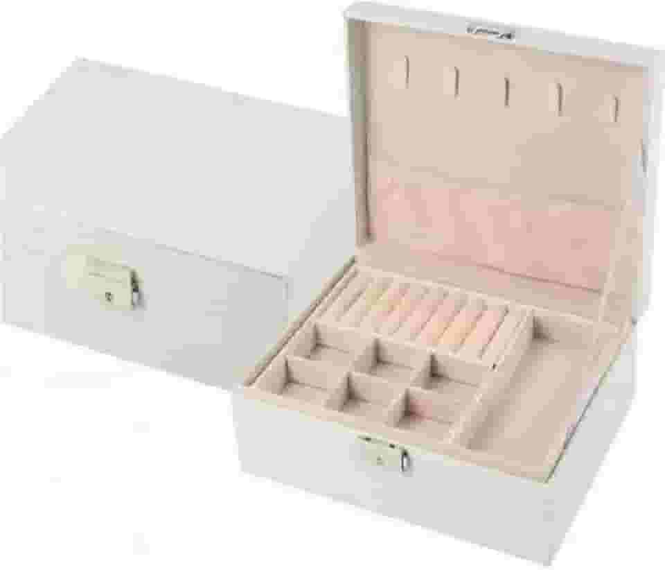 Caixa Porta Jóias Bijouterias em Couro Ecológico com divisórias e chaves (Branco)