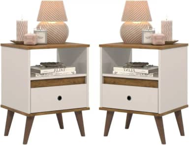 Conjunto kit 2 mesa de cabeceira retro pés palito -Ted- (Off White/Nature)