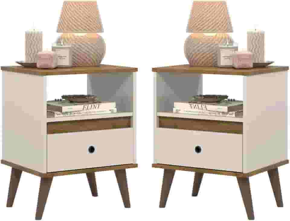 Conjunto kit 2 mesa de cabeceira retro pés palito -Ted- (Off White/Nature)