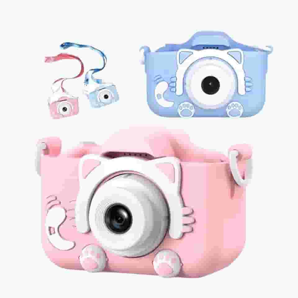 Câmera Digital Infantil Kids Gatinho HD Portátil Tela LCD Recarregável Brinquedo Educativo Antichoque Fotográfico Vídeo com Cabo USB Alça de Segurança Rosa/Azul