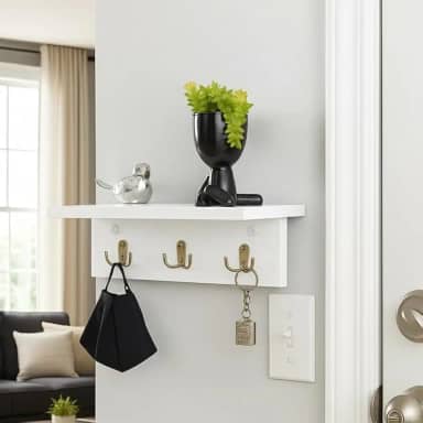 Porta Chaves de Parede com Prateleira em MDF - Chaveiro Decorativo - Organizador de Porta de Entrada - Prateleira para Chaves, Carteira e Óculos - UpShop (Branco)