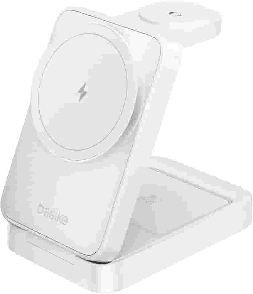 Basike Carregador Sem Fio 3 em 1 Magnético 2025, Estação de Carregamento Portátil com Luz Noturna, Dobrável e Compatível com MagSafe, iPhone 16/15/14/13/12, Apple Watch e AirPod (Branco)