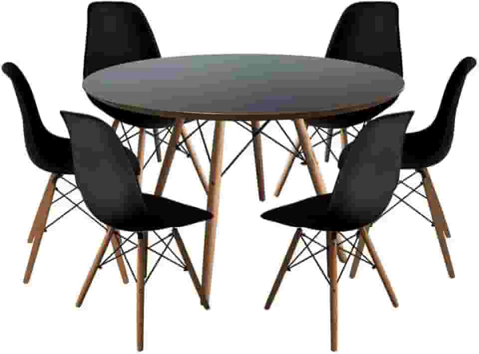Conjunto de Mesa de Jantar Eames Eiffel Redonda 110cm Tampo de Madeira Preto com 6 Cadeiras Pretas