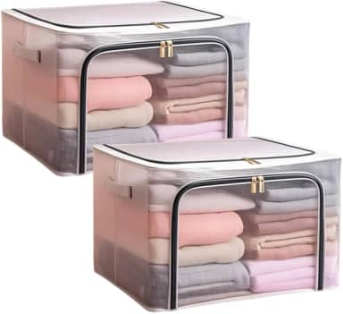 Kit 2 Caixas Organizadora Dobrável 66L em PVC Transparente com Zíper Duplo – Abertura Frontal e Superior – Para Armários e Guarda-Roupas (66 Litros)