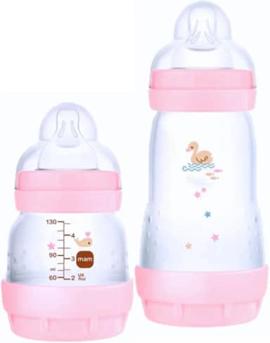MAM Baby Kit 2 Mamadeiras Easy Start Starter Set Anticólica e Menos Bolhas de Ar, para Crianças 0+ Meses Autoesterilizável e com Bico de Silicone Skinsoft, Rosa