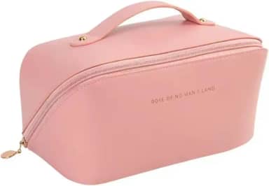 Necessaire Feminina Maquiagem Grande Cosméticos Viagem Estojo Bolsa Organizadora Higiene Pessoal Couro Sintético Luxo Elegância Batom Shampoo Maquiagens Cremes (Rosa)