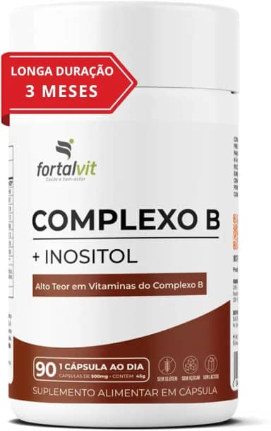 Complexo B + Inositol, Longa Duração: 3 Meses de Uso, 90 cápsulas, Alta Concentração - Vitaminas B1, B2, B3, B5, B6, B7, B9, B12 e Inositol, Fortalvit