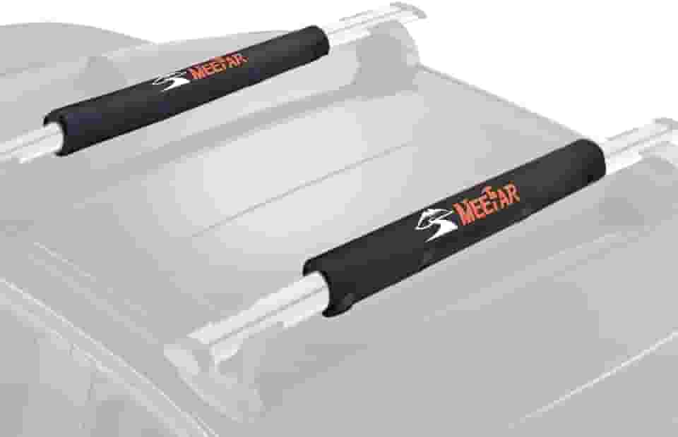 MeeFar Suporte De Teto Universal Para Carro, Sistema Transporte Bagagem Caiaque, Prancha Surfe, Canoa, Inclui 2 Cintas Amarração Resistentes, Corda E Cinta Laço Rápido (Uso Com Barra Transversal)
