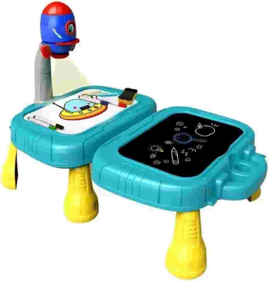 Mesa Projetora Infantil com Lousa Dupla 2 em 1 - Luz de Projeção e Desenho Educativo | Acompanha 3 Discos Projetores, 4 Canetinhas, Kit de Giz e Apagador | Brinquedo Interativo - Modelo Foguete (Azul)