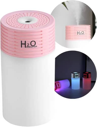Umidificador de Ar Portátil USB com Iluminação LED | Mini Umidificador Silencioso para Escritório, Viagem e Casa (Rosa)