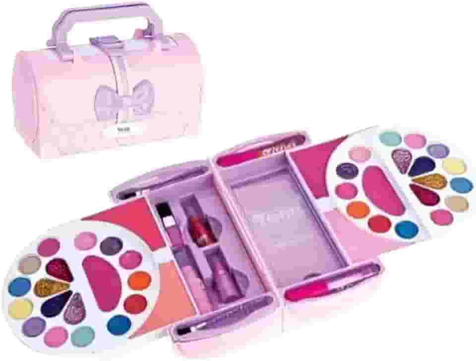 Maleta de Maquiagem infantil Kit Paleta de Sombras e Gloss, Rosa e Lilás, com Estojo Decorado