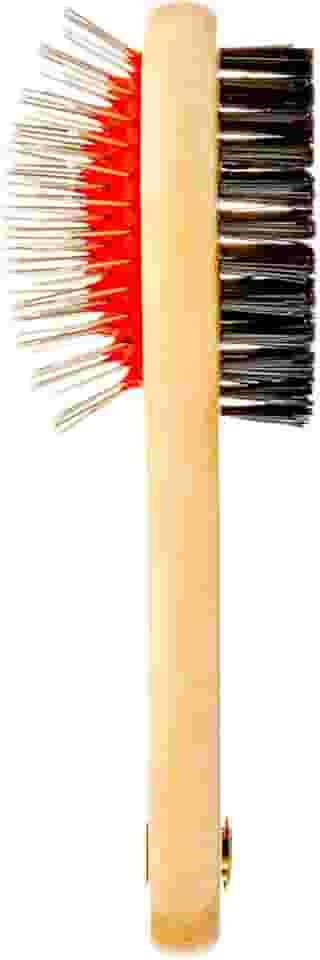 Escova Dupla Face para Cães e Gatos, Cabo em Madeira, 21cm x 6cm, com Pontas Metálicas e Cerdas Médias, para Desembaraçar e Remover Pelos