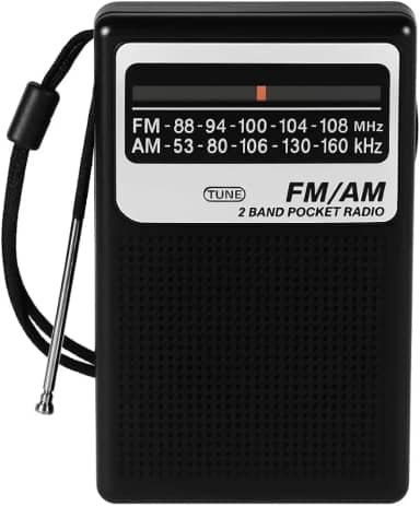 Mini Rádio Retrô de Bolso FM/AM 2 Bandas | Portátil, Vertical, Entrada P2 | Recarregável Tipo-C ou Pilha AA | Antena Retrátil Preto ou Prata