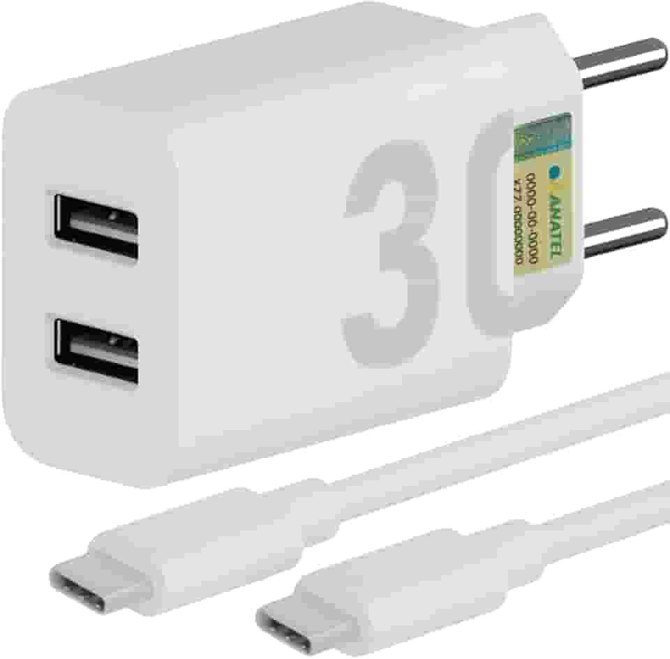 Carregador Super Turbo 30W Ultra Rápido Porta Dupla Tipo C e USB Com Carregamento Rápido + Cabo Tipo C Compatível Com Todos Os Dispositivos, Motorola, Samsung, IPhone 15/16, Xiaomi Premium (Branco)