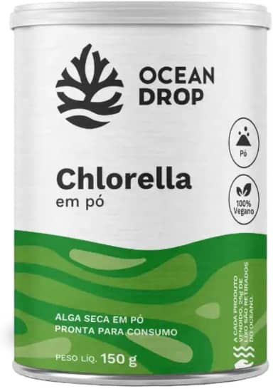 Ocean Drop Chlorella em Pó, Suplemento Natural Detox, 150g, Vegano, Sem Glúten