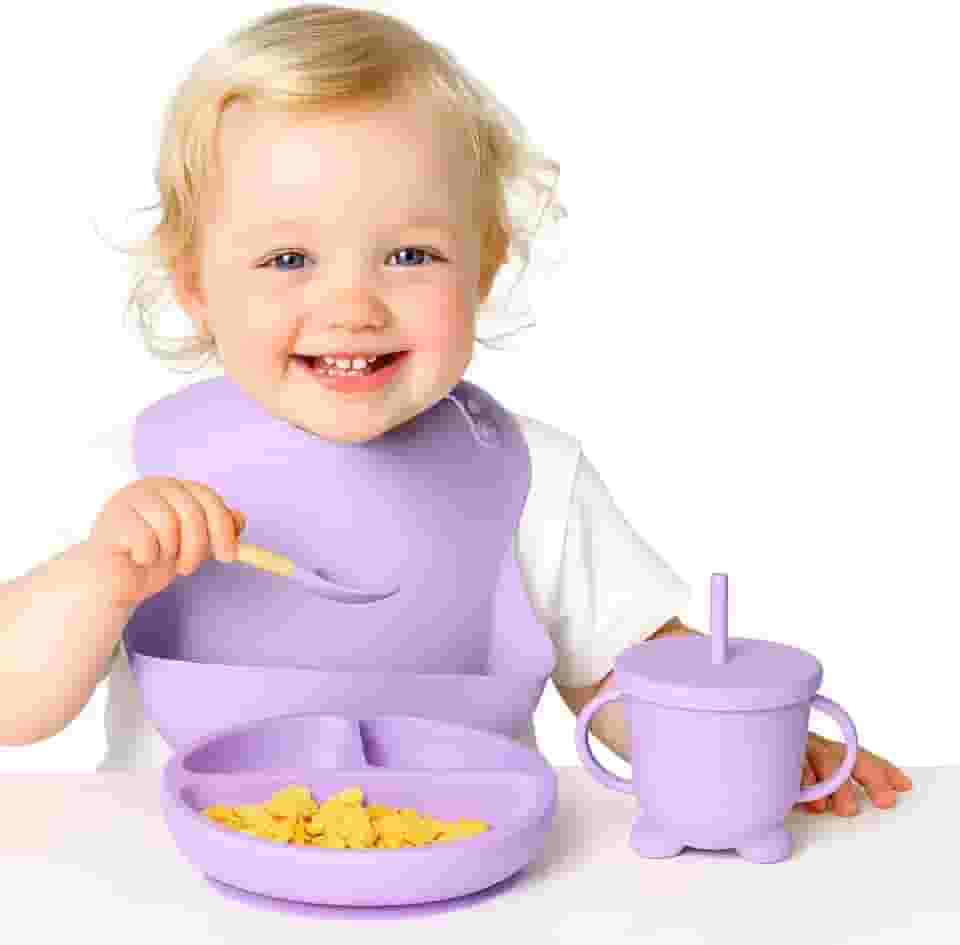 Kit Introdução Alimentar Bebê 8 Peças 100% Silicone Antitóxico Premium, Prato + Bowl Babador Copo + + 2 Talheres Ponta Silicone Cabo de Madeira + + Tampa com Canudo + 2 Talheres (Lilás)