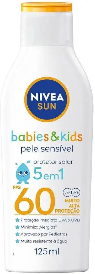 NIVEA SUN Protetor Solar Kids & Babies Pele Sensível FPS 60 125ml - Infantil, muito alta proteção UVA/UVB, minimiza o surgimento de alergias, muito resistente à água com proteção imediata