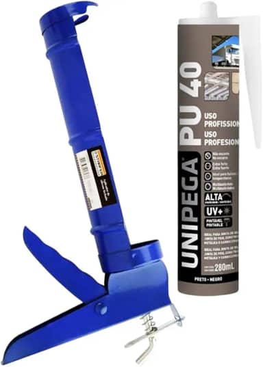 Kit Aplicador de Silicone Fechado Starfer + Cola Adesivo Selante PU 40 Preto 400g Unipega Construção e Vedação
