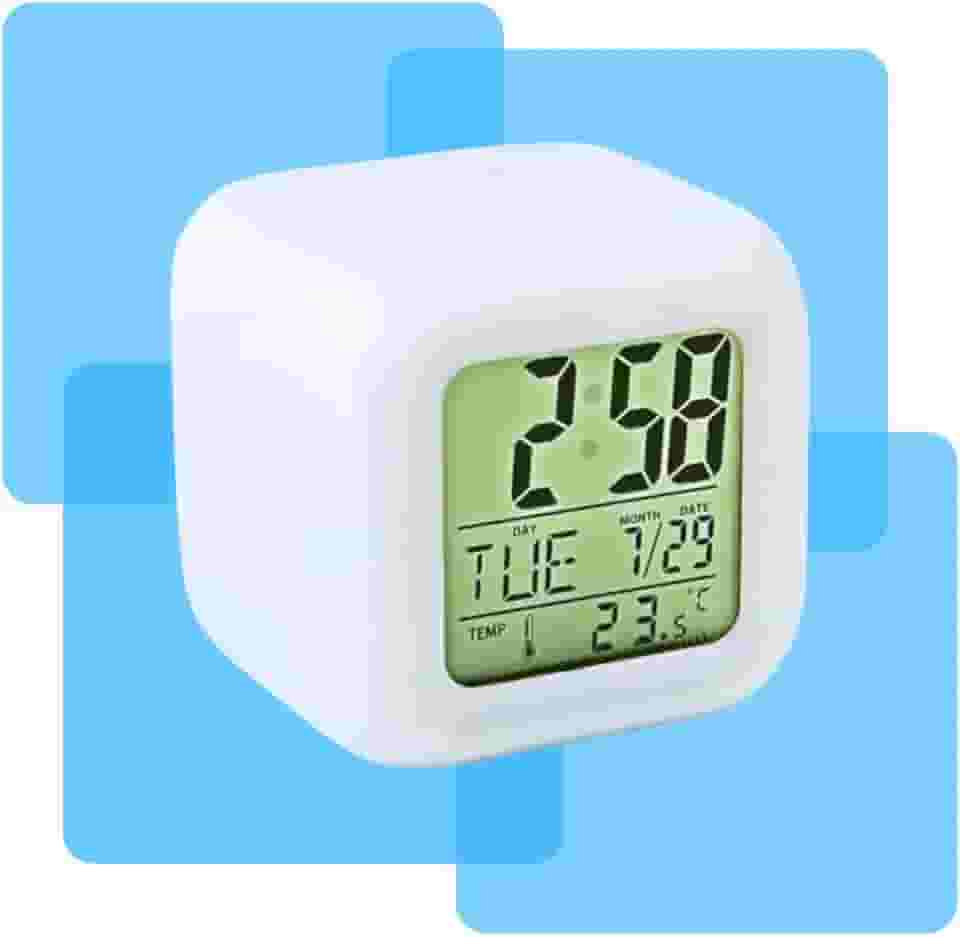 Relogio de Mesa Cabeceira Cube LED 7 Cores Alarme Despertador Calendario Temperatura Som Alto RGB Linha Premium