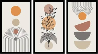Kit 3 Quadros Decorativos com MOLDURA Geométrico Moderno com Folhagem e Círculos