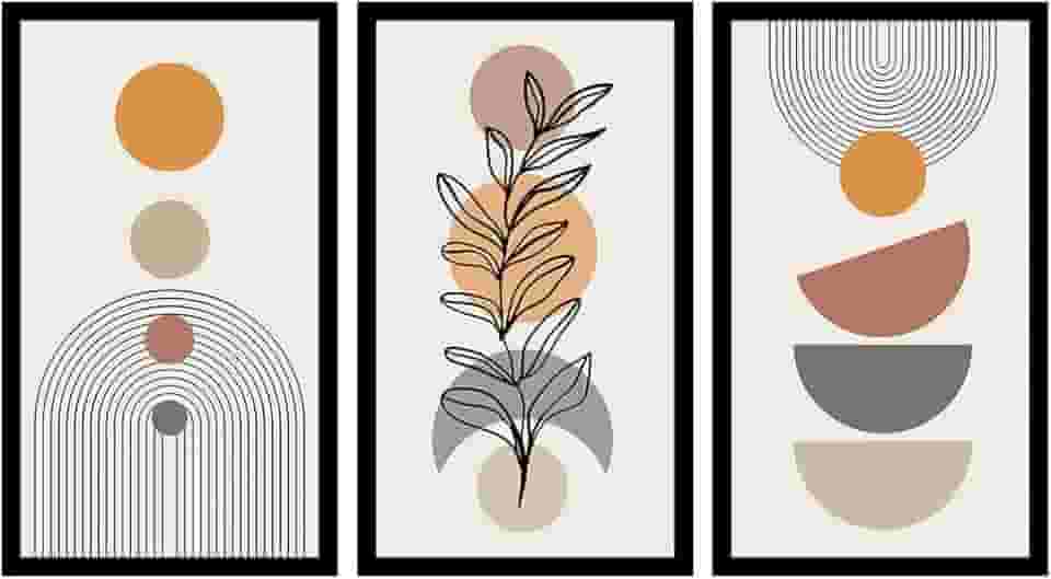 Kit 3 Quadros Decorativos com MOLDURA Geométrico Moderno com Folhagem e Círculos