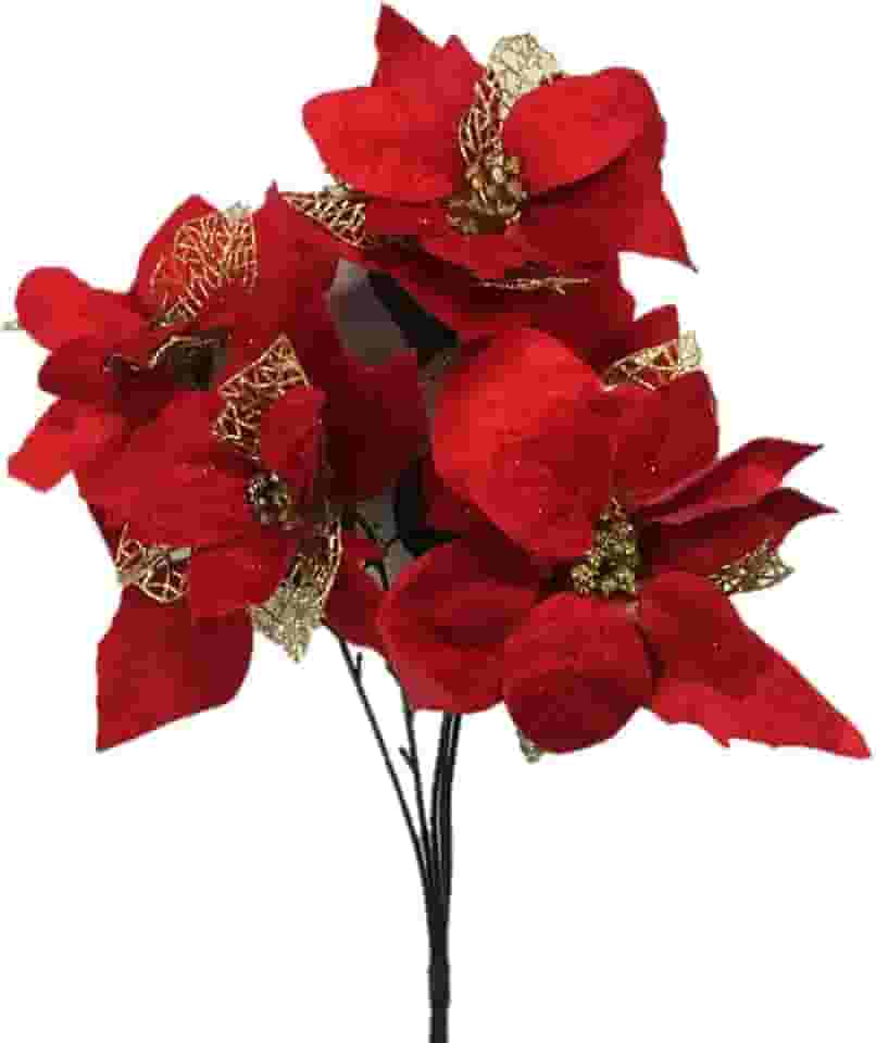 Buquê Natal Bico de Papagaio Vermelho Camurça e Dourado 5 Flores 47cm - Master Christmas