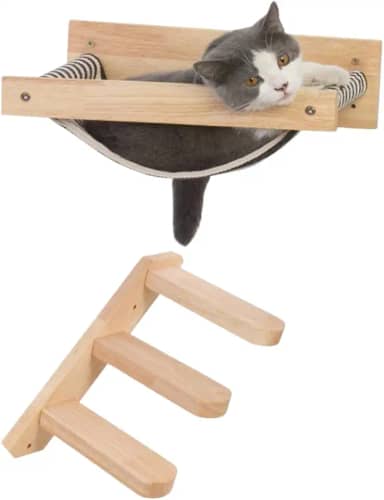 Cama rede suspensa para gatos com escada de madeira natural