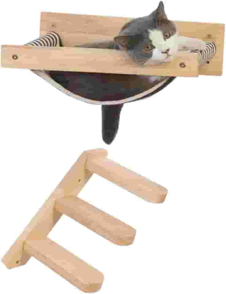 Cama rede suspensa para gatos com escada de madeira natural