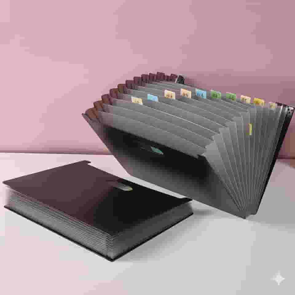 Pasta Sanfonada Expansível com 12 Divisórias, Resistente a Água, Preto, Inclui 24 Etiquetas, Grande Capacidade, Organizador de Documentos