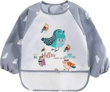 Babador Manga Longa Impermeável Cata Migalhas Animais Blw - Passarinho Cinza