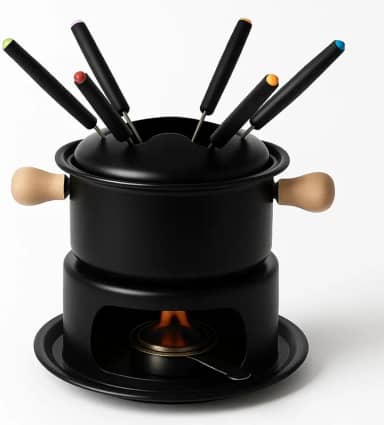 Conjunto de Fondue em Aço Inoxidável, Preto Fosco, 6 Garfos com Identificadores Coloridos, Base com Queimador, Alças em Madeira, para Queijo, Chocolate e Carnes