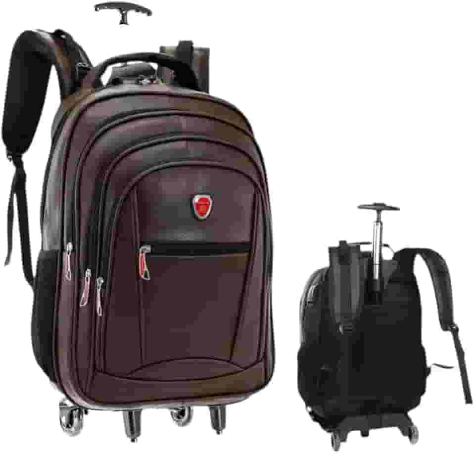Mochila com Rodinhas, Couro PU, USB, Trava Anti-furto, Compartimento para Notebook (Marrom)