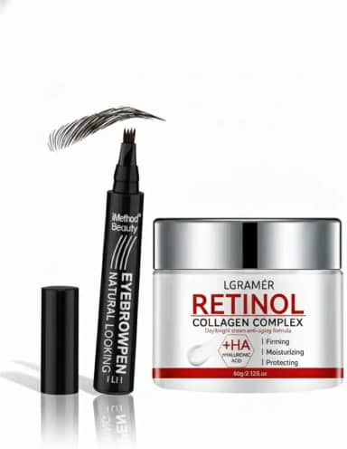Kit Beleza Total: Creme Retinol + Colágeno 30g Anti-Idade + Lápis de Sobrancelha Alta Precisão - Hidrata, Firma e Preenche.